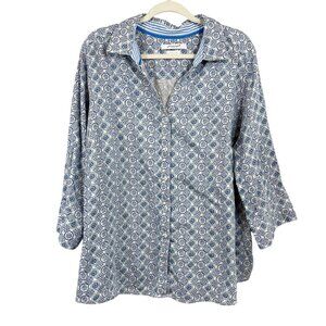 Foxcroft Wrinkle Free Blue & White Geometric Print Button Down Shirt - Size 20W